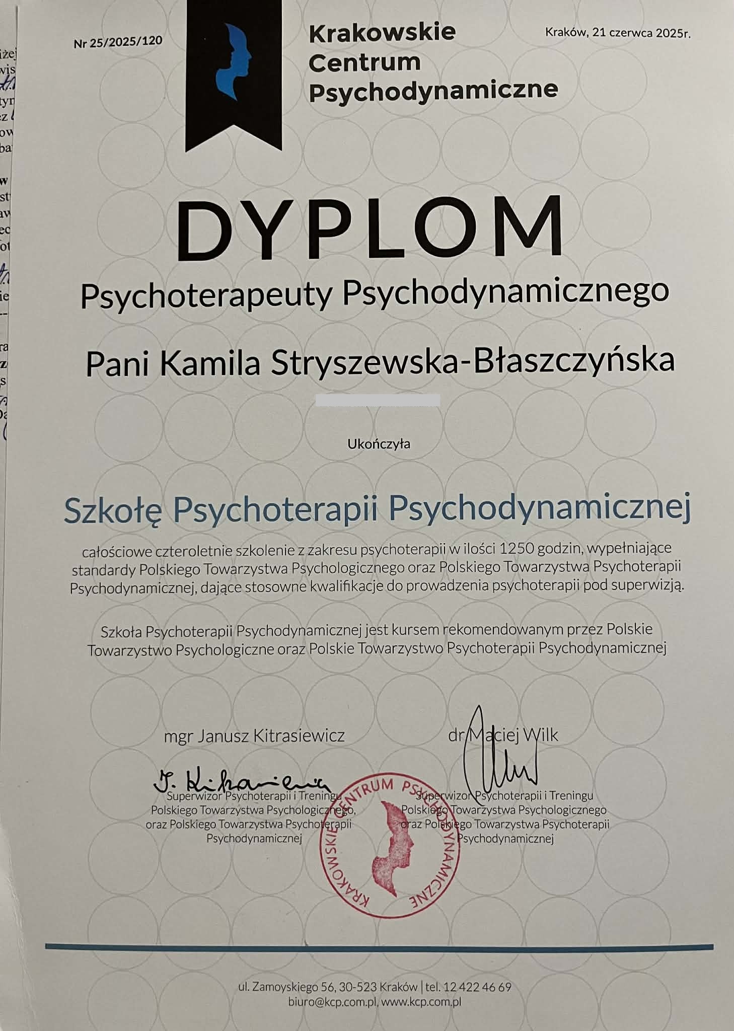 Dyplom ukończenia szkolenia psychoterapeutycznego
